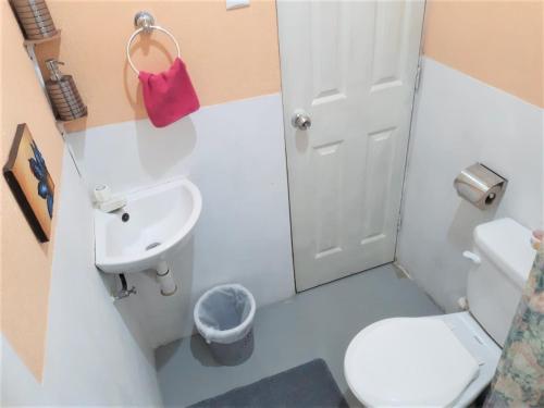 La petite salle de bains est pourvue de toilettes et d'un lavabo. dans l'établissement COMFY furnished private apartment.Netflix/internet, à Chimaltenango