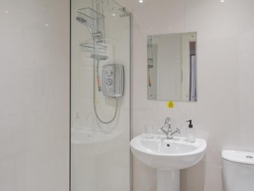 a bathroom with a shower and a sink at The Secret Garden in Ayr