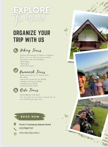 a flyer for explore the world organize your trip with us at Roca's Homestay Backpackers Chalet in Batuan