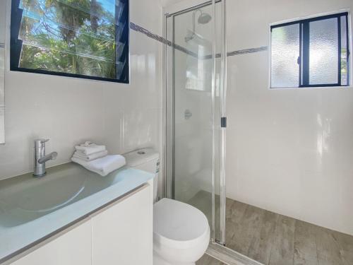 ein Bad mit einem WC, einem Waschbecken und einer Dusche in der Unterkunft Beachside Palms Unit 2 in Nelly Bay