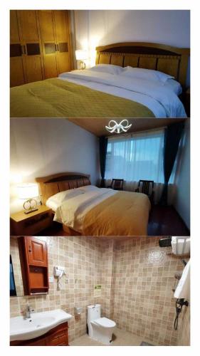 two pictures of a bedroom with a bed and a bathroom at Mama Naxi Guesthouse in Lijiang