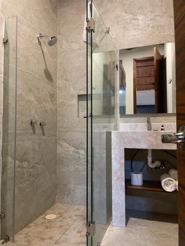 a bathroom with a shower with a glass door at Hotel NG in Ameca