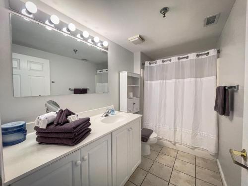a bathroom with a sink and a large mirror at Water Street Retreat 05 in Wilmington