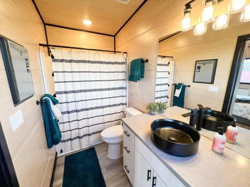 La salle de bains est pourvue d'un lavabo et de toilettes. dans l'établissement Tiny Home with Spectacular Teton View, à Driggs