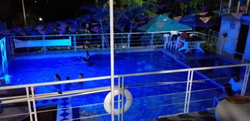 a swimming pool at night with birds in the water at Hotel spa la buena vida in Fusagasuga
