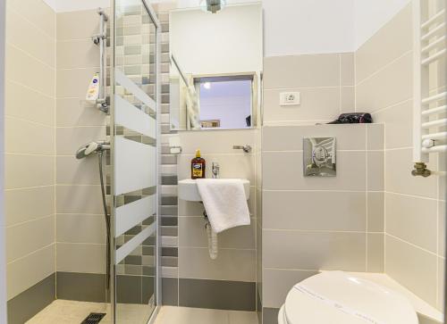 y baño con ducha y aseo. en Panoramic Center Rooms en Brasov