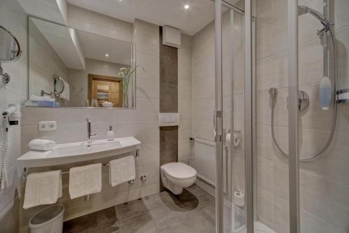 a bathroom with a shower and a toilet and a sink at Wellnesshotel Hofbräuhaus in Bodenmais