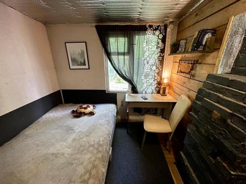 1 dormitorio con cama, escritorio y ventana en Scandinavia bungalow en Kamennaya Gora