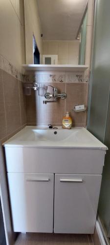 a bathroom with a white sink and a mirror at Apartmani Košutić in Stara Baška