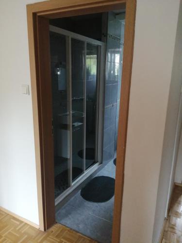 Una puerta de cristal que da a una ducha en el baño. en Wohnung Gretl, en Bayerisch Eisenstein