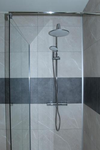 eine Dusche in einem Badezimmer mit einer Glastür in der Unterkunft Appartement duplex avec cour 10 pers in Berck-sur-Mer