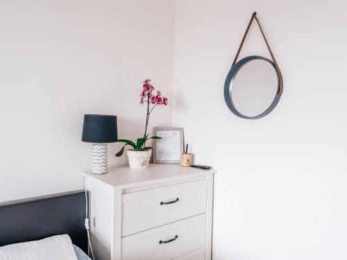 a bedroom with a white dresser with a mirror at Penzion Labská Vyhlídka in Litoměřice