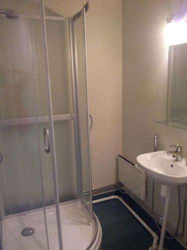 a bathroom with a shower and a sink at Vindsvåning i Harrström in Korsnäs