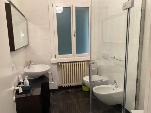 a bathroom with a sink and a toilet and a shower at Flat in Garden Residence resort, Malcesine, Italy (with heated pool) in Malcesine