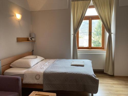 una piccola camera con letto e finestra di Bed & breakfast Hugo a Plešivec