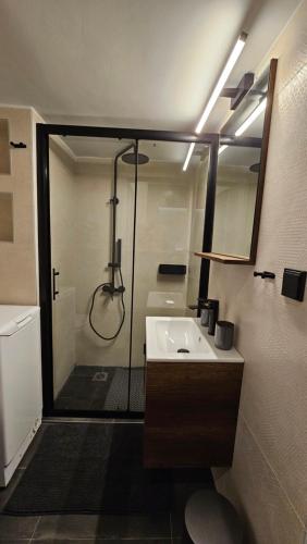 ein Bad mit einer Dusche und einem weißen Waschbecken in der Unterkunft TheNik_Studio in Nafpaktos