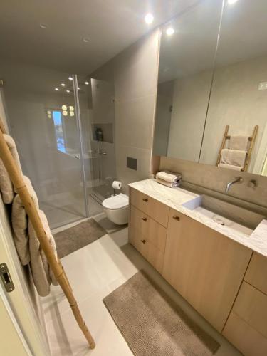 a bathroom with a shower and a sink and a toilet at best sea view boutique two bedrooms in Herzliya