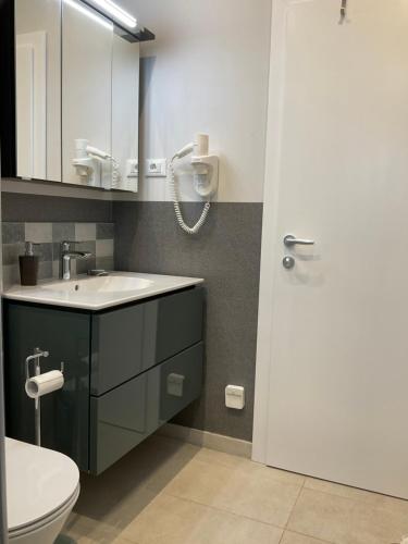 La salle de bains est pourvue de toilettes blanches et d'un lavabo. dans l'établissement High View-A Seaside Villa With Huge Jacuzzi, à Račišće
