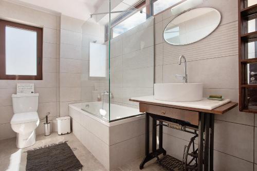 a bathroom with a sink and a toilet and a mirror at Wild Fig Retreat Thalassa and Loft in Maryiés