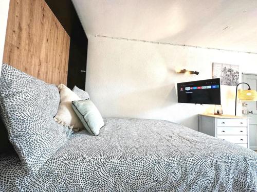 - une chambre avec un lit et une télévision murale dans l'établissement Charmant studio à 200m du Gardon, à Remoulins