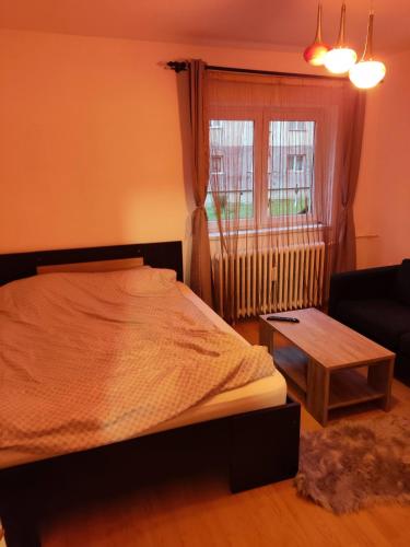 een slaapkamer met een bed, een bank en een raam bij Bo Apartment in Miercurea-Ciuc