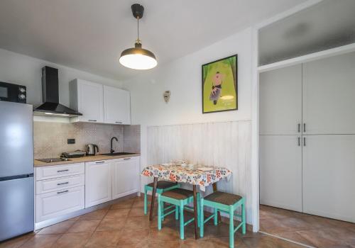 メドゥリンにあるHižica Pupo Apartmentのキッチン(白いキャビネット、テーブル、椅子付)