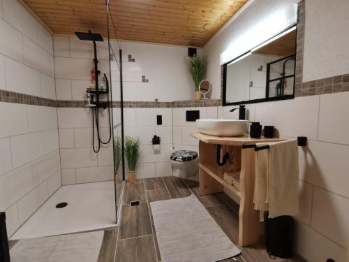 a bathroom with a shower and a sink at Steinbühlschlössle in Schönwald
