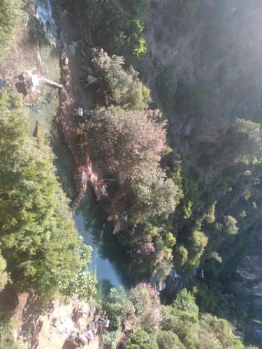 eine Luftansicht auf einen Fluss mit Bäumen in der Unterkunft Le pont de Dieu in Akchour