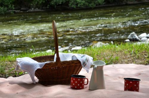 a picnic basket sitting on the sand next to a river at Farm Stay Loger in Ljubno