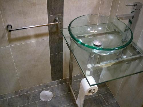uma casa de banho com uma cabina de duche em vidro e um suporte de papel higiénico. em Hotel Un lugar en la Vecilla em Dueñas