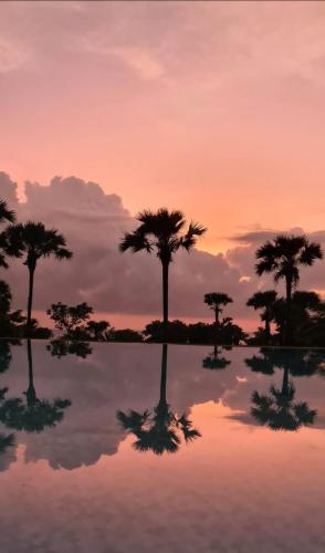 a sunset with palm trees reflecting in the water at Palm Springs Bali Dive Resort in Tulamben