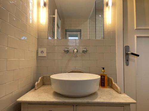 a bathroom with a white sink and a mirror at Apartment im Kranich Hotel in Hessenburg