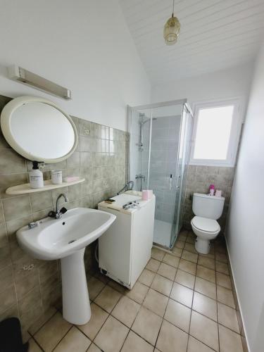 une salle de bain avec un lavabo, des toilettes et un miroir dans l'établissement Les Pignes, à Mimizan