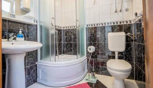 a bathroom with a toilet and a shower and a sink at Majka Apartments in Kotor