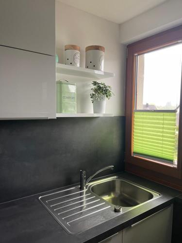 um balcão de cozinha com um lavatório e uma janela em Petras Ferienwohnung em Villingen-Schwenningen