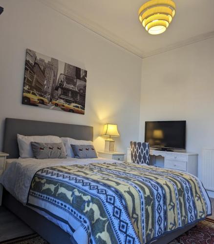 sypialnia z łóżkiem i telewizorem z płaskim ekranem w obiekcie Bright Room Close to City Centre w Edynburgu