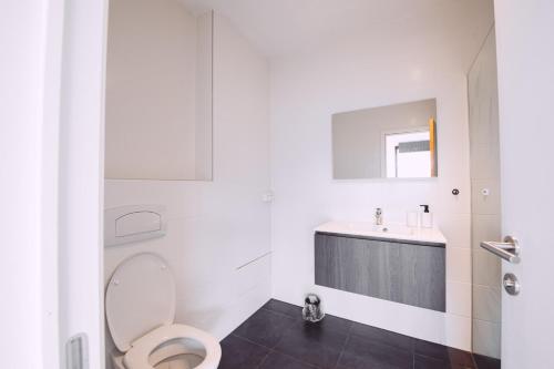 bagno bianco con servizi igienici e lavandino di K&Y suites 1,Brussels airport 500m a Zaventem