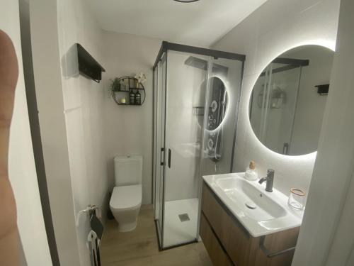 奧維多的住宿－" El Paraguas del Antiguo " Parking privado，一间带卫生间、水槽和镜子的浴室