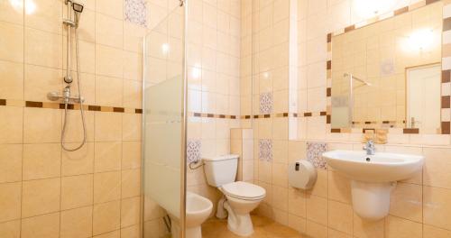 a bathroom with a toilet and a sink and a shower at Ledan in Chłopy