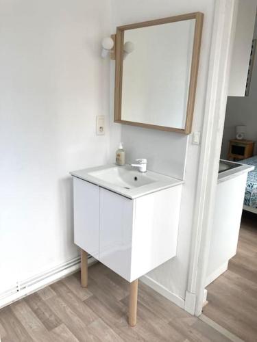 une salle de bain avec un lavabo blanc et un miroir dans l'établissement Élégant studio rénové, à Boulogne-sur-Mer
