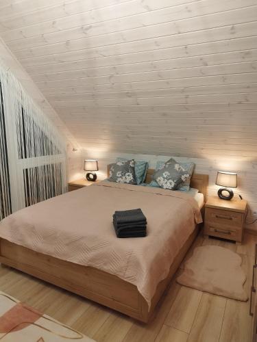 1 dormitorio con 1 cama grande y 2 mesitas de noche en Domino - domek nad jeziorem, en Bieniowice