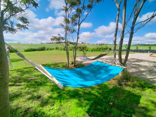 a blue hammock hanging between two trees in a field at Domaine Jasmin, 6 Gîtes typiquement Charentais avec Piscines in Bellon