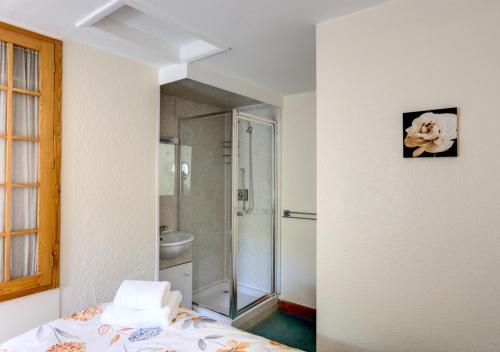 a bathroom with a shower and a bed in a room at East Cottage in Thwaite