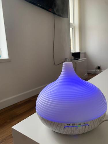 a blue vase sitting on top of a table at AK Serviced Apartments - Exclusive Two-Bedroom Apartment in Cardiff