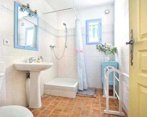 La salle de bains est pourvue d'un lavabo et d'une douche. dans l'établissement La Cerisaie, maison spacieuse en Lubéron, à Saint-Martin-de-Castillon