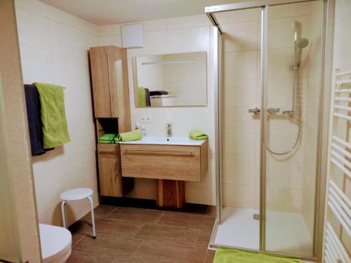 a bathroom with a sink and a shower at Ferienwohnung Familie Fiechtl in Fügenberg