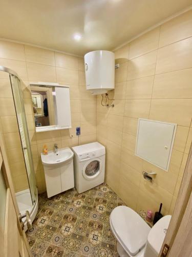 a small bathroom with a toilet and a sink at Апартаменти на Поштовій площі in Kyiv
