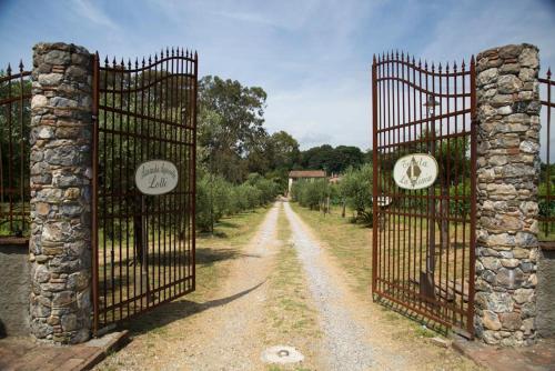 an iron gate with a dirt road in a field at Resort La Ghiaia in Sarzana