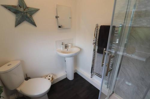 y baño con aseo, lavabo y ducha. en Cosy two bedroom first floor apartment, en Birmingham