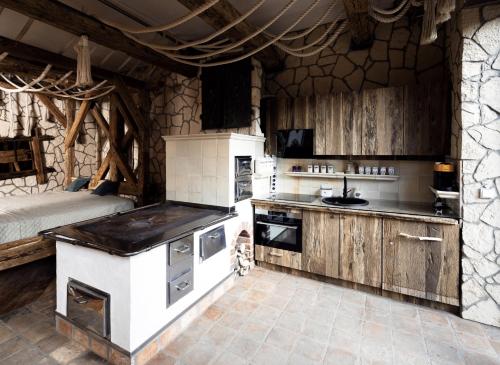 a kitchen with a stove and a sink in a room at Naturerlebnis Suite - Nationalpark in Ramsau